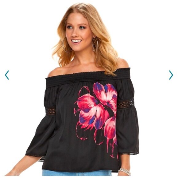 Jennifer Lopez Tops - Jennifer Lopez Black Blouse with Pink Floral Design Off-Shoulder